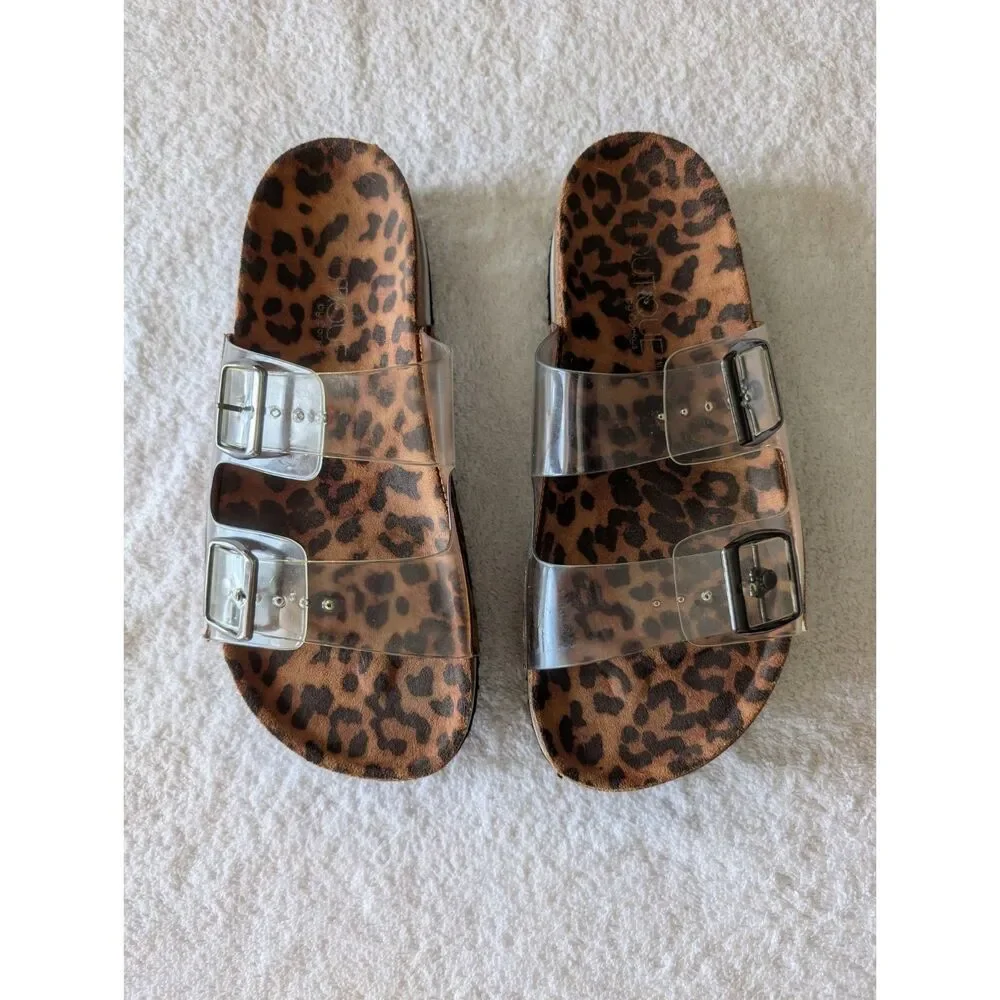 BOUTIQUE by Corkys Leopard Platform Sandals Clear Double Buckle Cork Slides